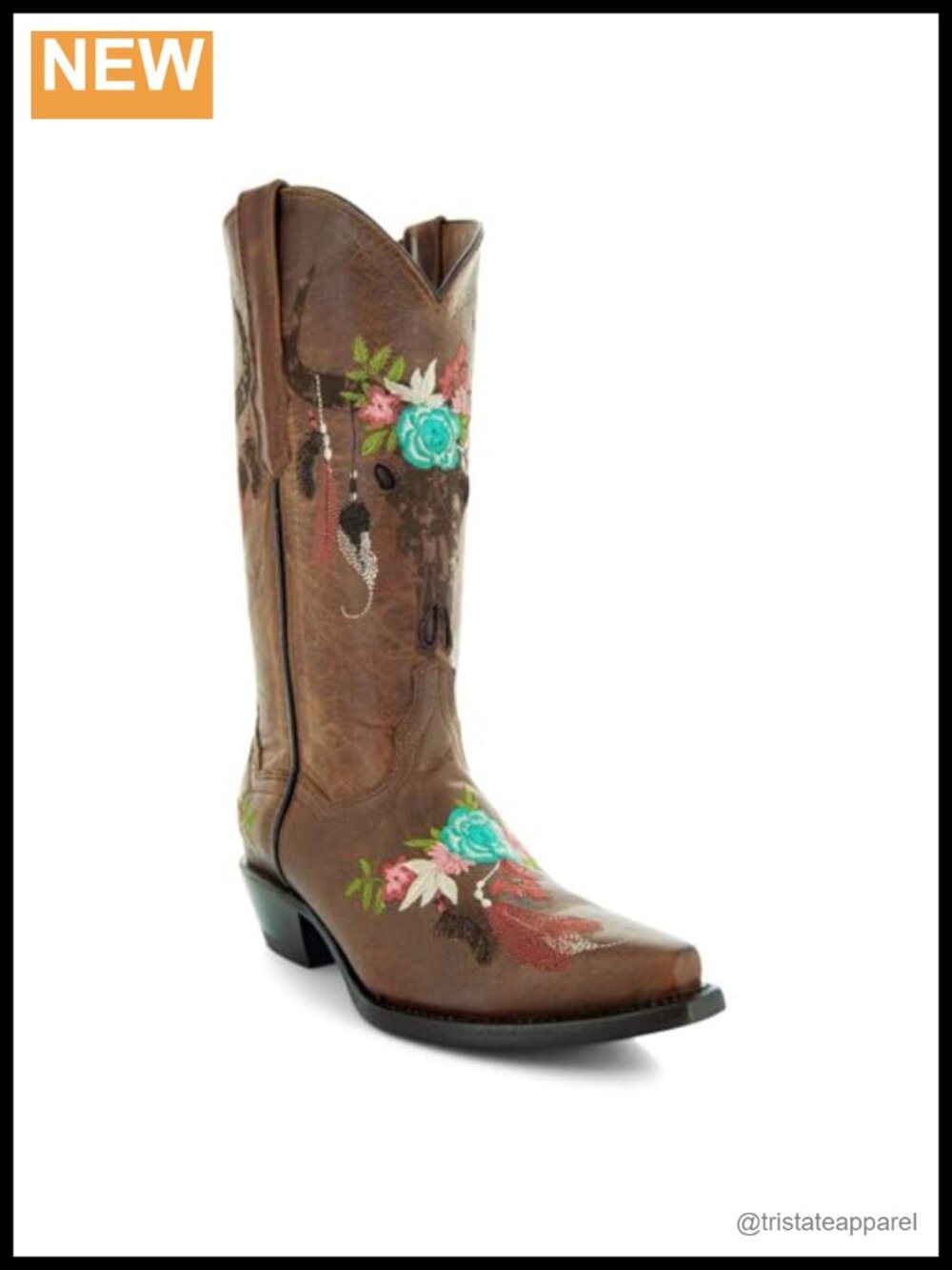 Genuine Leather Mid-Calf Cowgirl Boots with Floral Embroidery and Longhorn